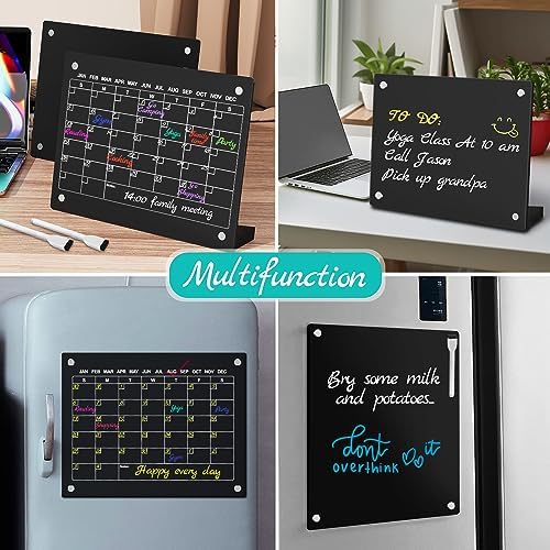 2PCS Black Acrylic Calendar Dry Erase Board with Stand for Desk, 16x12 Large Desktop Monthly Whiteboard Magnetic Fridge Memo Board, Daily Planner Chalkboard Easel for Office, School