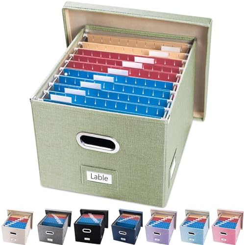 PRANDOM File Organizer Box - Set of 1 Collapsible Decorative Linen Filing Storage Hanging File Folders with Lids Office Cabinet Letter/Legal Green (17x14x11.2 inch)