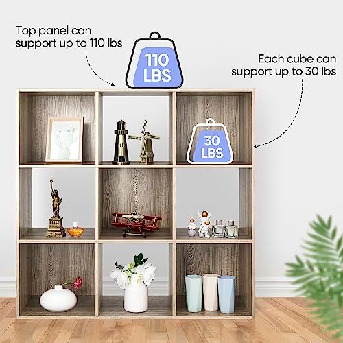 9 Cube Storage Shelf Organizer, Wood Bookshelf Organization Unit, Cube Shelves for Home Office Bedroom Living Room, Natural