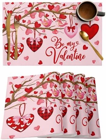 Pink Valentine's Day Placemats Set of 4, Red Love Heart Tree Heat Resistant Washable Table Mats Be My Valentine Cotton Table Linens Party Holiday Decor for Home Kitchen Dining Table Outdoor Indoor