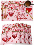 Pink Valentine's Day Placemats Set of 4, Red Love Heart Tree Heat Resistant Washable Table Mats Be My Valentine Cotton Table Linens Party Holiday Decor for Home Kitchen Dining Table Outdoor Indoor