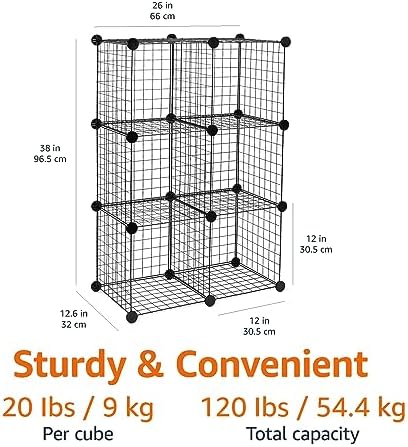 Amazon Basics 6-Cube Wire Grid Stackable Storage Organizer, Metal Shelving Unit, No-Tool Assembly, 26"W x 38"H x 12.6"D, Black