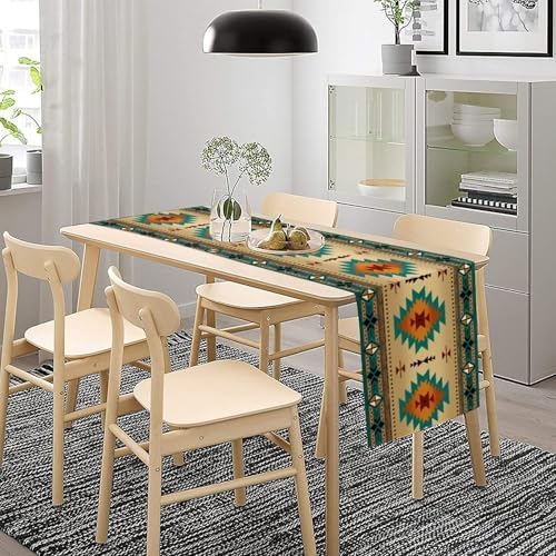Aztec Southwest Table Runner, Ethnic Style Design Geometric Triditional Kitchen Table Runners Table Setting Decor for Garden Farmhouse Wedding Party Holiday Dinner Home, 13x120 Inch