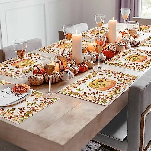 Boho Fall Placemats Set of 4, Thanksgiving Watercolor Pumpkins Heat Resistant Washable Table Place Mats Sunflowers Eucalyptus Table Linens Party Holiday Decor for Home Kitchen Dining Outdoor Indoor,
