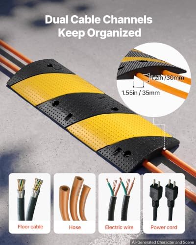 VEVOR 40 in Rubber Speed Bump, 2 Pack, 2 Channel Heavy Duty Traffic Speed Hump, 22000 lbs/Axle Load Capacity, Cable Protector Ramp with Expansion Screws, for Asphalt Concrete Gravel Driveway and Road