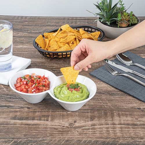 Restaurantware-9.1 x 4.9 x 2.3 Inch Double Dip Bowls, 1 Microwavable Condiment Server - 2 Compartments, Microwavable, White Porcelain Dip Tray, Dishwashable, For Snacks, Condiments, Or Toppings