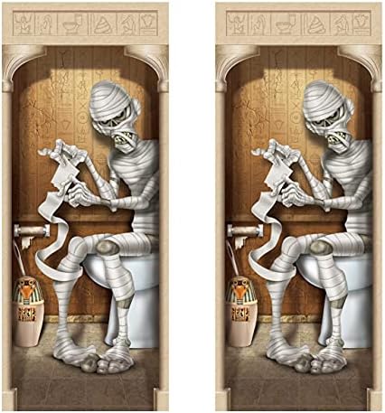 Beistle 2-Pack Mummy Restroom Door Covers, Spooky Halloween Bathroom Decorations, All-Weather Plastic for Haunted House and Trick-or-Treat, 5’ x 30”