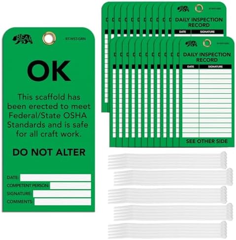 BearTOOLS Scaffold Tags - Safety Inspection Kit with Cable Ties - OK Scaffold Status Warning Sign - Laminated 3 x 6 in, Pack of 25 - Weatherproof, Tear-Resistant - Green Tags