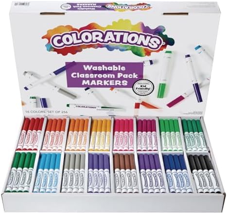 Colorations Washable Markers, Set of 256, 16 Colors, Non-Toxic | Bulk Art Supplies for Kids, Classroom Coloring Kit, Crafting Materials
