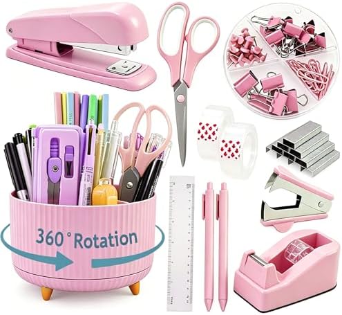 Gawsey Pink Desk Organizers and Accessories with Desk Organizer 360° Rotating Pen Holder and Office Supplies, Cute Stationery Supplies Set