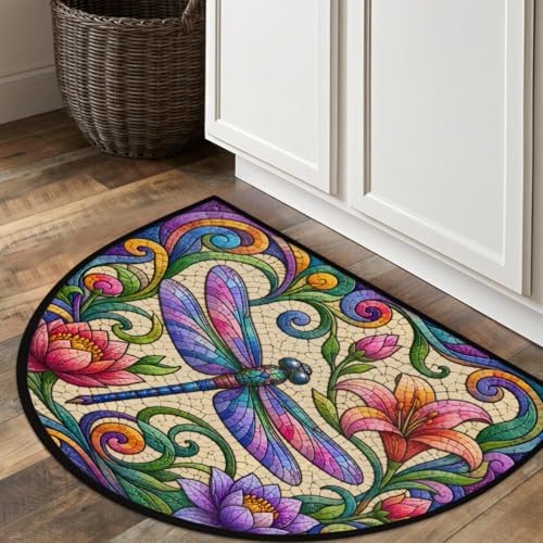 Bohemian Dragonfly Flower Half Round Door Mat, Non-Slip Welcome Indoor Entrance Way Rug Semi Circle Front Doormats Washable Bathroom Kitchen Floor Mat, Outdoor Rugs for Garage, Patio, Hearth Rug,B-1
