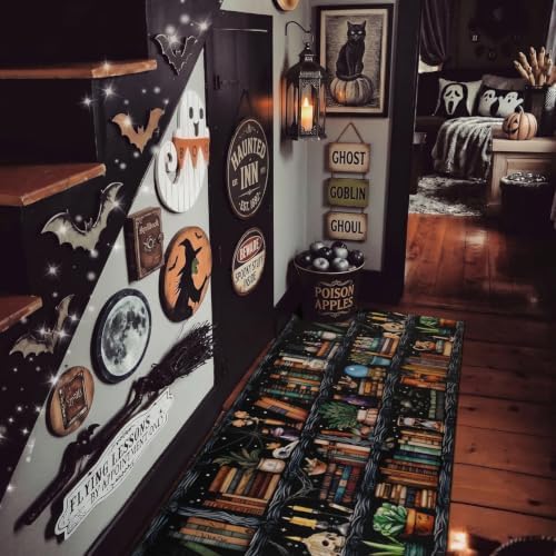 Witches Bookshelf Halloween Kitchen Rugs and Mats Set of 2, (17"x47"+17"x30") Gothic Cute Spooky Season Skulls Black Cat Potions Non Skid Washable Runner Rug for Home Decor Decorations and Accessories