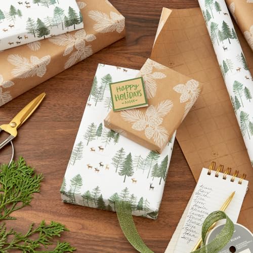Hallmark Christmas Wrapping Paper, 2 Rolls (Pine Cones on Kraft, Trees)