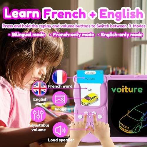 Writing Tablet with Bilingual Flash Cards for Kids, French, Pink