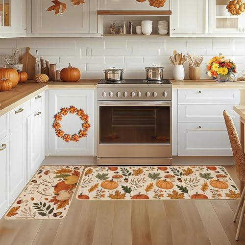 Baccessor Fall Kitchen Rugs Set of 2, Pumpkin Mushroom Kitchen Mats for Floor Washable Low-Profile Farmhouse Autumn Holiday Home Indoor Outdoor Decor 17x29 and 17x47 Inch