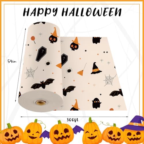 CXPSINC 54 Inch X 300 Feet Plastic Table Cover Roll Disposable Halloween Tablecloth with Slide Cutter Ghost Bat Plistic Table Covers for Halloween Party Decorations(Halloween Beige, 300 Feet)