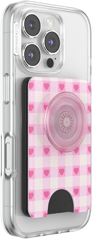 PopSockets Phone Wallet for MagSafe with Grip- Blush Gingham | PopWallet, Holds 3 Cards, Magnetic, Removable, Secure, Checkered, Pink