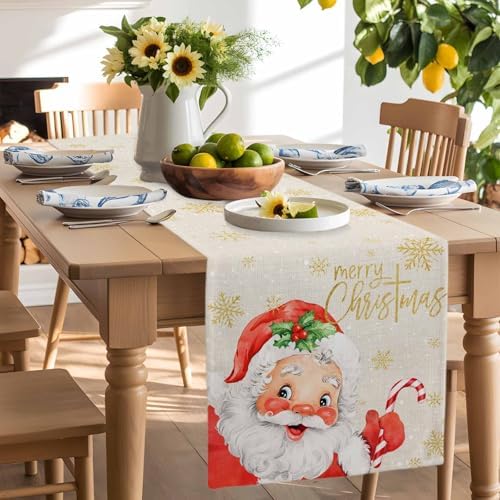 Merry Christmas Table Runner Dresser Scarf 13 x 36 Inch Red Santa Claus Leaf Winter Snowflake Linen Table Runners Non-Slip Heat Resistant Kitchen Dining Table Decor for Home Holidays Indoor Outdoor
