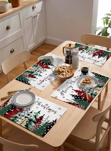 Merry Christmas Placemats Set of 4, Red Green Plaid Pine Tree Heat Resistant Washable Table Place Mats White Snowy Forest Winter Table Linens Party Holiday Decor for Kitchen Dining Outdoor Indoor