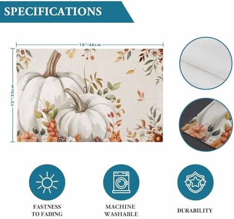 Fall Floral Leaves Placemats Set of 6, Thanksgiving Pumpkins Heat Resistant Washable Table Place Mats Boho Cotton Table Linens Party Holiday Decorations for Home Kitchen Dining Table Outdoor Indoor,