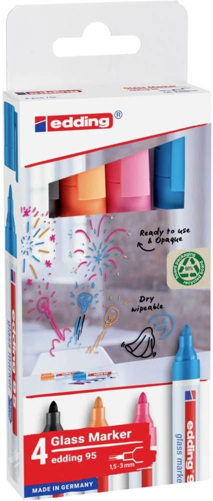edding Multicolored & Black 95 Glass Marker, 4pcs - Dry Erase Markers for Various Uses and Glass Surfaces Like Windshields, Windows, Glassboards, Mirrors, Menu Board and White Board - Made in Germany