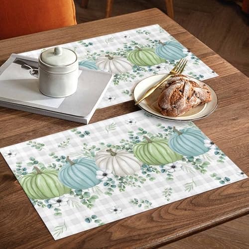Fall Thanksgiving Placemats Set of 4, Autumn Pumpkins Eucalyptus Leaves Heat Resistant Dining Table Mats Fall Holiday Farmhouse Decor for Kitchen&Linens Outdoor Indoor, White Blue Green Gray Plaid