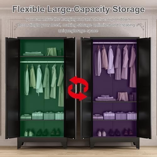 Washsemba 71'' Farmhouse Metal Wardrobe Cabinet with Hanging Rod, 2 Barn Door Wardrobe Closet with 2 Adjustable Shelves,for Dining Room,Bedroom,Living Room, Cloak Room,Office (Black)