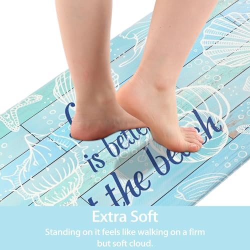 Beach Kitchen Mats for Floor Coastal Kitchen Rugs Cushioned Anti Fatigue Mats for Sink, Stove, Desk, Laundry,17"x30"+17"x47", Blue