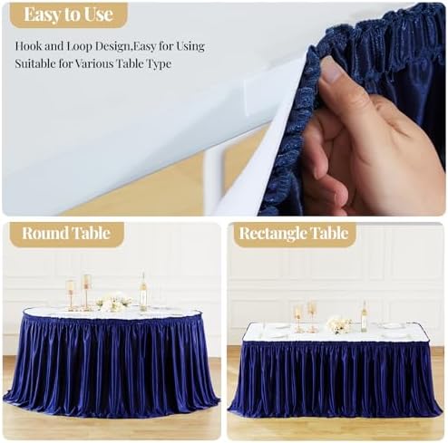 Wish Care 17ft Navy Blue Satin Long Table Skirt for Rectangle Tables Wrinkle Free Teacher Desk Skirt Glitter Ruffle Table Skirting Cloth for Back to School Classroom Office Birthday Party Table Decor