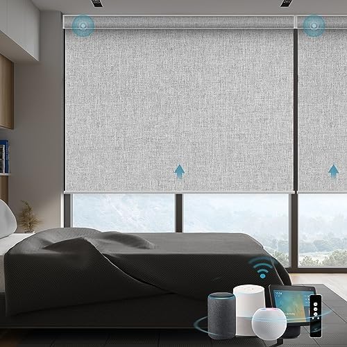 SmartWings Motorized Smart Roller Shades, 100% Blackout Bouvar Light Grey