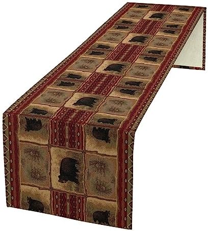 Rustic Bear Table Runner, Retro Vintage Bear Country Cabin Cottage Pine Tree Dinner Table Decoration for Home Kitchen Dining 13"x120"
