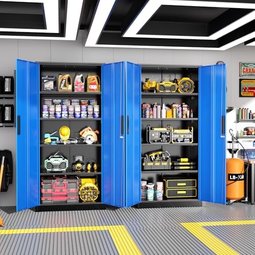 Greenvelly Metal Garage Storage Cabinet, 72" Tall Steel Storage Cabinets with 2 Doors and 4 Adjustable Shelves, Metal Tool Cabinets, Locking File Cabinet for Home Office, Garage, School (Black Blue)