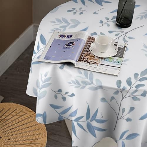 Blue Leaves Tablecloth, Summer Light Blue White Grey Leaves Fern Forest Herbs Plants Print Table Cloth for Indoor Outdoor Dining Table Party Picnic Decor, 70x70in