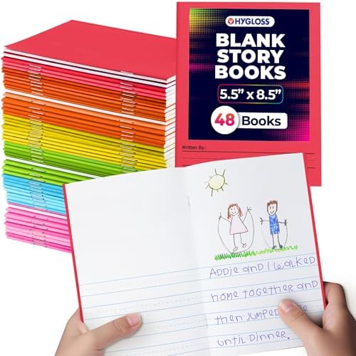 Hygloss Half Blank Books for Kids to Write Stories & Illustrate – Bulk 48 Pack – 5.5" x 8.5" A5 Primary Journal for Grades K-2, Preschool/Kindergarten Notebook with Picture Space – 24 Pages, Colored