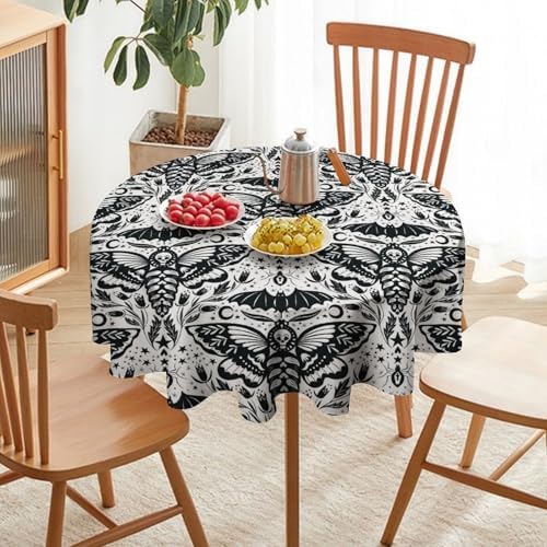 Boho Moth Tablecloth, Gothic Mysterious Halloween Black White Death Butterfly Bat Witch Print Table Cloth for Kitchen Dining Picnic Party Restaurant Decoration, 60x60in