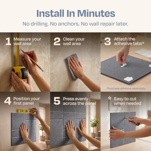 Acoustic Panels 12-Pack Soundproof Wall Panels 12"x12"x0.4" Decorative Sound Dampening for Your Home, Office, Studio, Bedroom & More with Unique GridFrame Carving [Pebble Gray]