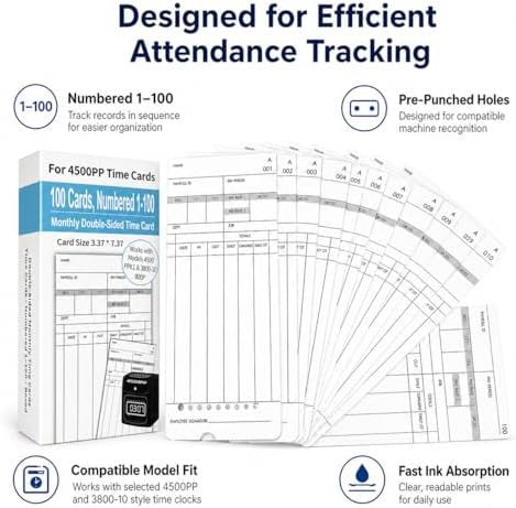600 Time Cards Compatible with Nile 4500PP/4500PP10 & Pyramid 3800/3800-10 Time Clocks, Numbered 1-100 Monthly Double-Sided Timecards for Employees, 3.37" x 7.37"