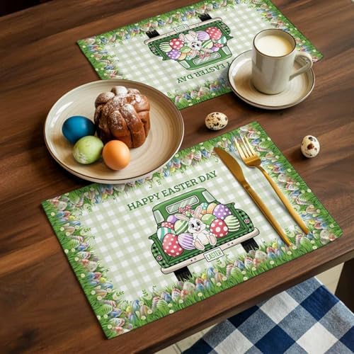 Happy Easter Spring Holidays Vintage Farm Trucks Colorful Eggs Placemats Set of 4,Green Gingham Plaid Patterns Cotton Line Fabric Heat Resistant Washable Mats Decoration for Home Kitchen Dining Party