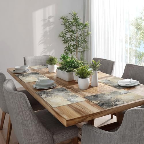 Batmerry Taupe Squares Texture Linen Placemats Set of 6, Grey and Beige Art Painting Washable Table Mats for Kitchen Table Thickened Heat Insulation Dining Set Indoor Outdoor 12X18 in