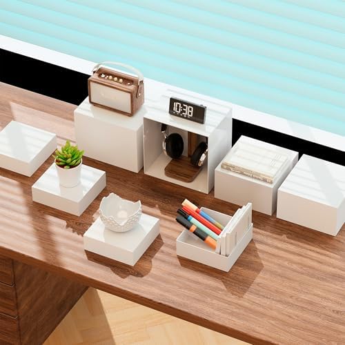 8” Buffet Risers with Mini Signs, Buffet Table Risers and Stands, Acrylic Cube Display Box for Catering Party Table Food Display, Dessert, Cakes - White, Set of 8 Boxes