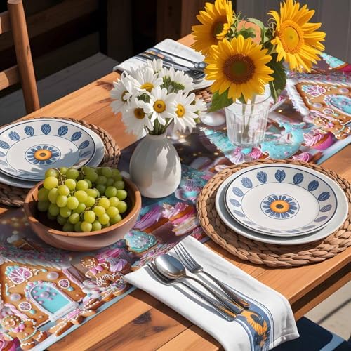 Christmas Table Runner Dresser Scarf 13 x 60 Inch Gingerbread House Gingerbread Man Cake Candy Table Runners Non-Slip Heat Resistant Kitchen Dining Table Decor for Home Holidays Indoor Outdoor
