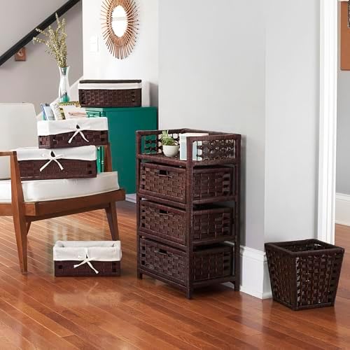 Household Essentials Woven Waste Basket, 3 Gallons, HandWoven Paper Rope with Removable Plastic Liner, Durable Wood Frame, Wide and Open Top for Easy Access, Decorative, Brown