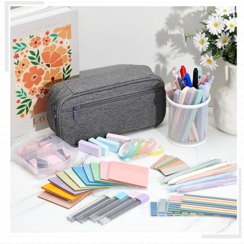 Sinload 60 Pcs Aesthetic Book Annotation Kit Gray Pencil Case with Highlighter Gel Pen Mechanical Pencil Magnetic Bookmarks Transparent Sticky Note Tabs Mini Office Supplies