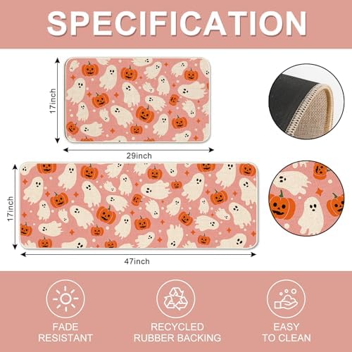 JarThenaAMCS Halloween Kitchen Mats Set of 2 Pink Ghost Pumpkin Kitchen Floor Mat Non-Slip Decorative Bathroom Rugs for Party Home Entrance, 17 x 29 Inch & 17 x 47 Inch