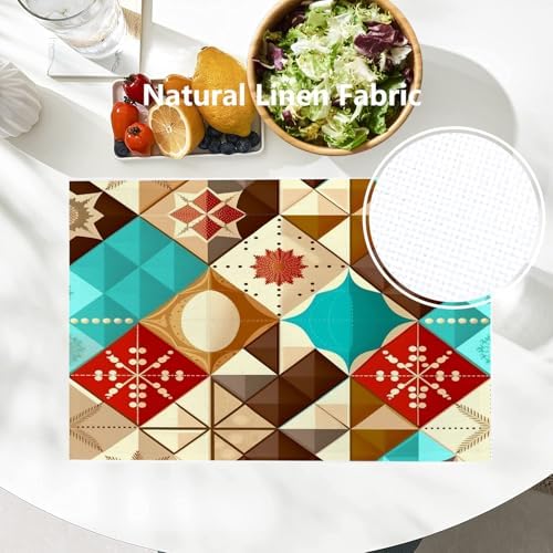 Batmerry Christmas Abstract Patchwork Linen Placemats Set of 4, New Year Winter Blue Geometric Washable Table Mats for Kitchen Table Thickened Heat Insulation Dining Set Indoor Outdoor 12X18 in