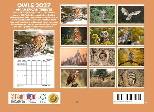 JJ Audubon Tribute Owl Calendar 2027 Monthly Wall Calender 12 Month | American Made In The USA