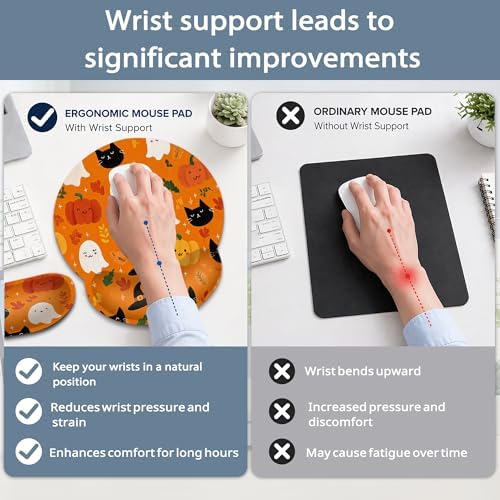 Halloween Wrist Rest Support for Mouse Pad Keyboard Set, Ghosts Pumpkins Black Cats Mouse Pad with Non Slip Rubber Base for Home and Office Typing Support
