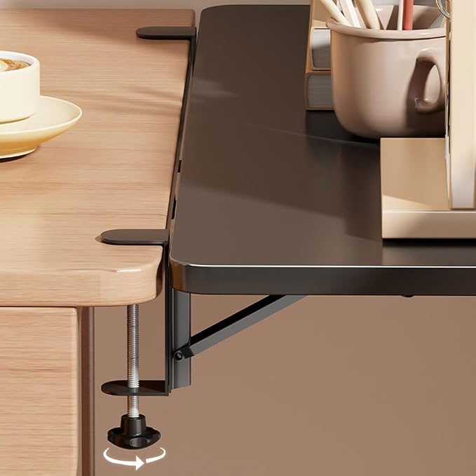 Desk Extender Tray, Punch-Free Clamp on 90° Foldable Keyboard Drawer Tray, Table Mount Armrest Shelf, Computer Elbow Arm Support (Wood Color, 23.6"*9.8"*0.5"/60cm*25cm*1.2cm)