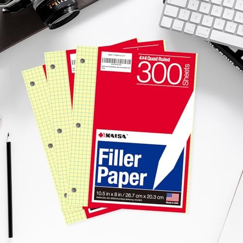 KAISA Loose Leaf Notebook Paper, 4x4 Quad Graph Ruled, 300 Sheets Per Lined Paper, 8" x 10.5", 3 Hole Punched for 3 Ring Binder, Canary, Made In USA