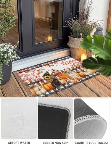 Fall Door Mat Orange Pumpkin Dog Doormat Bow Puppy Maple Leaves Fence Plaid Harvest Thanksgiving Welcome Mat Non Slip Entryway Front Rug Floor Mat for Indoor Outdoor Kitchen Autumn Holiday Decor 16x24